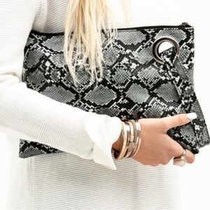 Snake Print Oversized Vegan Leather Wristlet Clutch Bag